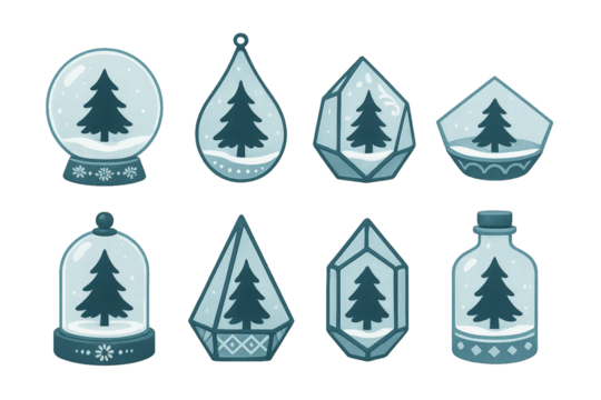 Decorative winter scene designs featuring glass ornaments and snow globes with trees in various shapes and sizes