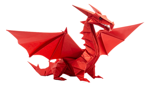 Red Origami Dragon Cut Out, Intricate Paper Folded Model with Wings, Isolated Studio Shot Symbolizing Mythology, Creativity, and Asian Culture