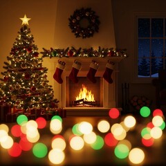 Cozy Christmas Interior with Decorated Tree Fireplace Warm Lights Pine Decorations Holiday Home Decor Festive Living Room Ambiance Traditional Christmas Celebration Scene Design