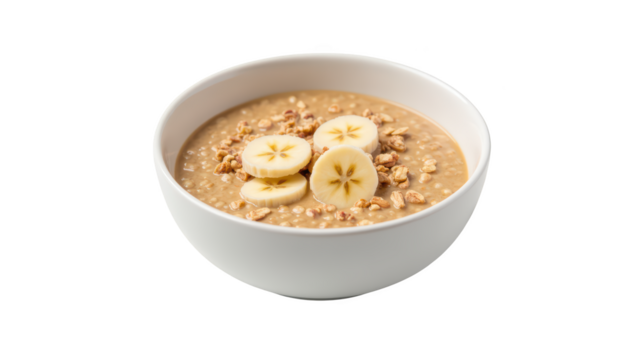 Creamy oatmeal bowl topped with sliced bananas and granola, perfect for healthy breakfast. Enjoy nutritious start to your day