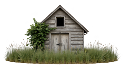 Rustic wooden house surrounded by tall grass and greenery, evoking sense of tranquility and nature. structure features simple design with sloped