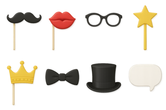 Fun party props including mustaches, lips, glasses, and hats for making memorable moments at events