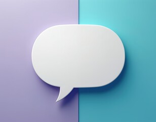 White blank speech bubble against blue and purple divided wall. Modern design for chat message icon. Online conversation graphic with empty space to talk and discuss.