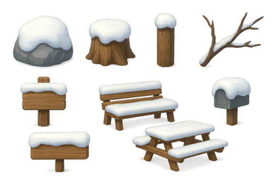 Winter decorations made of wood and stone for a snowy outdoor scene in a cheerful setting