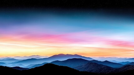 A layered landscape of silhouetted mountain ranges fading into the distance under a vibrant twilight sky painted with hues of pink, orange, and blue, with a sca