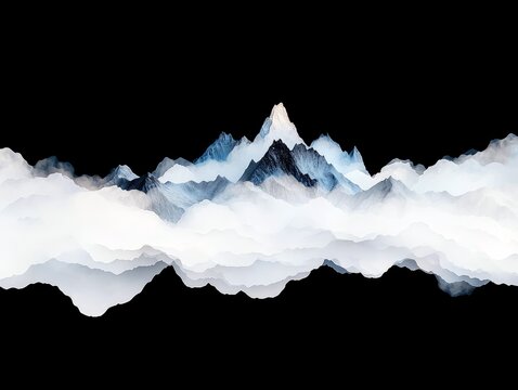 A stylized, abstract representation of a mountain range with sharp, dark peaks piercing through soft, ethereal white clouds against a stark black background. Th