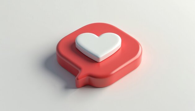 3D red chat bubble with white heart symbol inside. Notification like button icon for social media engagement. Approval and positive feedback concept.