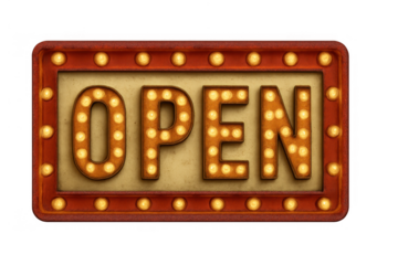 Vintage open sign with glowing light bulbs. Retro marquee illuminated for business operating hours, transparent background