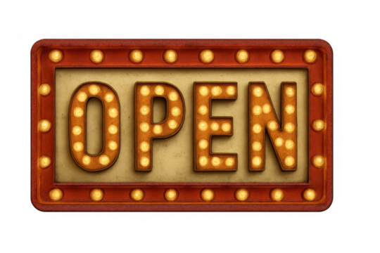 Vintage open sign with glowing light bulbs. Retro marquee illuminated for business operating hours, transparent background - Powered by Adobe