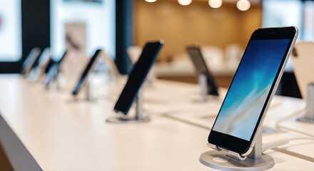 Smartphone retail store display featuring multiple devices on stands, showcasing modern technology with vibrant screens and sleek designs, inviting customers to explore latest mobile innovations