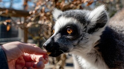 Obraz premium A persons hand carefully feeds a cute ring-tailed lemur.