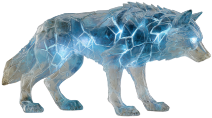 Crystal Ice Wolf Sculpture with Glowing Blue Core on Transparent Background