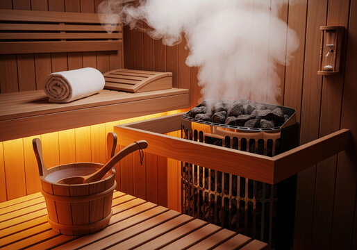Modern wooden sauna room with steam rising from electric heater stones and water bucket