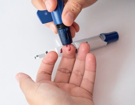 Doctor using lancet for blood glucose test on patient finger