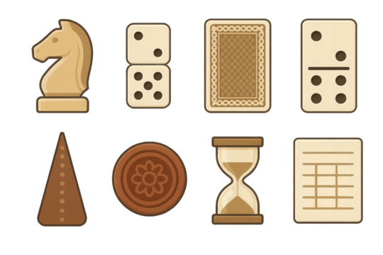 Various classic board game pieces displayed together, showcasing different shapes and functions for entertainment and play