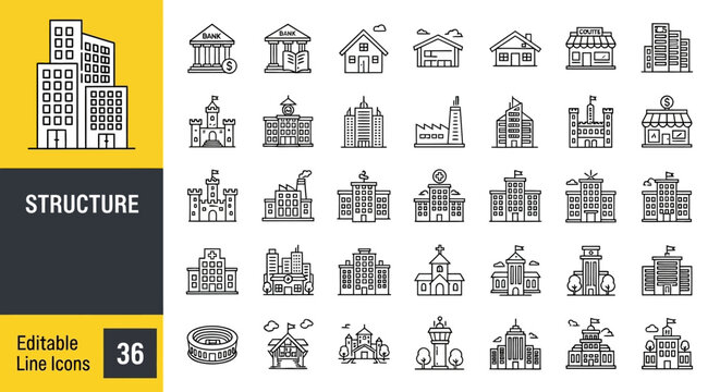 Modern collection of sleek editable line icons featuring diverse architectural buildings and structures for urban design, real estate, and government themes