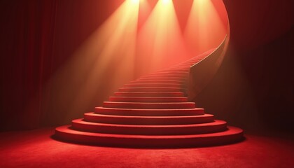 Red carpeted spiral staircase illuminated by stage lights. Dramatic, elegant ascent suitable for performances, events, or luxury journeys. Offers a sense of arrival and grandeur in a darkened venue.
