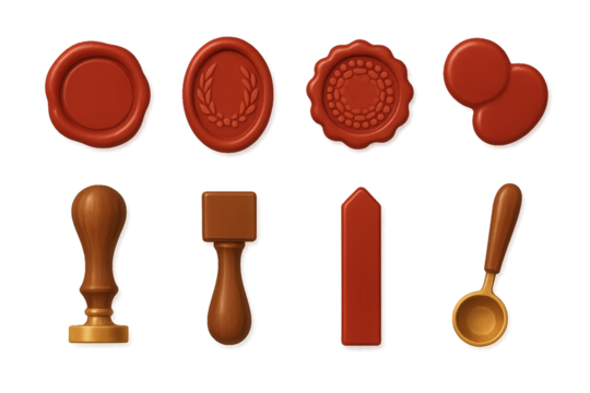 Different types of wax seals and stamps for crafting projects and stationery design