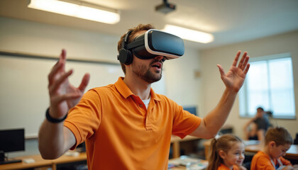 Teacher uses virtual reality glasses in class. Young students watch man in headset. Innovative learning method. Modern education tech improves study process. Digital immersive experience for children