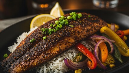 Delicious gourmet grilled salmon steak with vegetables, a perfect restaurant plate for dinner