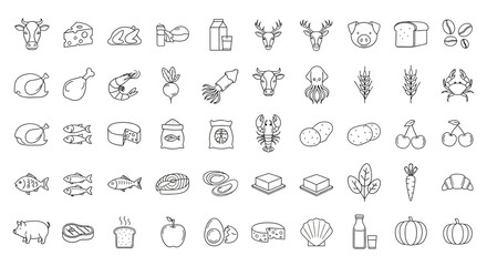 Comprehensive collection of minimalist line art icons featuring essential food items, fresh ingredients, and grocery products for various dietary and culinary applications
