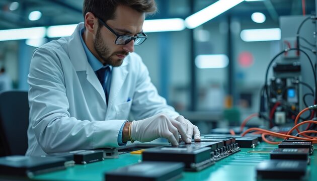 Automotive engineer in lab coat works on electric vehicle battery cells. Scientist tests battery performance with tech equipment. Researching future EV power source.