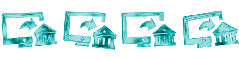 Set of four 3D desktop bank transfer shapes in frosted blue ice glass style, isolated on a transparent background. Glassmorphism icons and 3D elements for modern graphic design.
