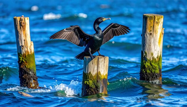 Cormorant Drying Wings on Wooden Post Amidst Waves Bird Spreading Plumage by Sea Water Coastal Wildlife Cormorant Bird Perched on Wood Against Blue Waters Scenery Ornithology