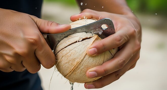 Cracking a coconut with a sharp blade, tropical refreshment preparation