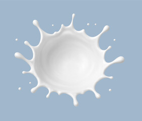 Milk splash isolated on blue background. Natural dairy product in crown splash with flying drops. Realistic Vector illustration