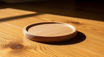 Obraz premium Sunlit handcrafted wooden plate on a textured table surface showcasing natural grain and warmth minimalist design