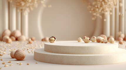 Elegant neutral toned easter display with golden eggs and decorative elements on a tiered podium creating a sophisticated and festive holiday scene for product placement