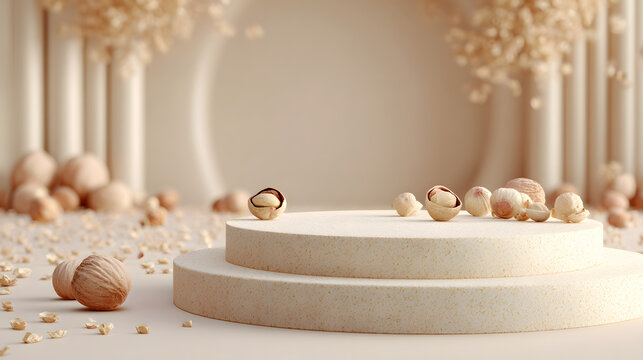 Elegant neutral toned easter display with golden eggs and decorative elements on a tiered podium creating a sophisticated and festive holiday scene for product placement - Powered by Adobe