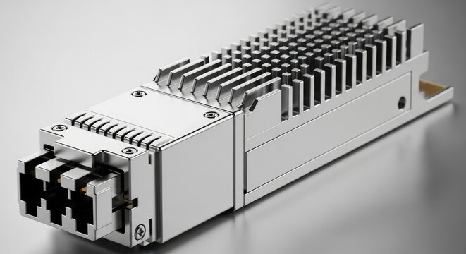 High-tech transceiver module with heatsink provides efficient data transfer for modern networking equipment