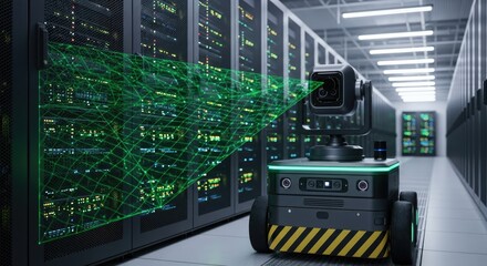 Modern robot inspecting server room with laser scan, ensuring data security and optimizing IT infrastructure