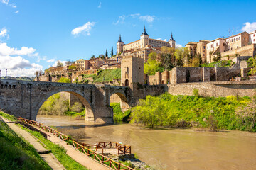 Alcazar of Toledo and Alcantara bridge over Tajo river, Madrid suburbs, Spain