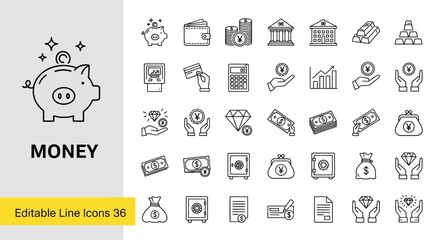 Collection of Line Icons Illustrating Financial Concepts Money, Banking, and Investments
