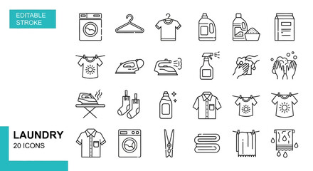 Sleek line art vector icons depicting essential laundry day tasks, including washing, drying, ironing, and garment care tools, perfect for cleaning services and household apps