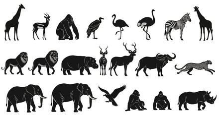 Obraz premium Dynamic Collection of Wildlife Silhouette Vectors Iconic African Safari Animals, Majestic Birds, and Primates for Diverse Design and Educational Resource Creation