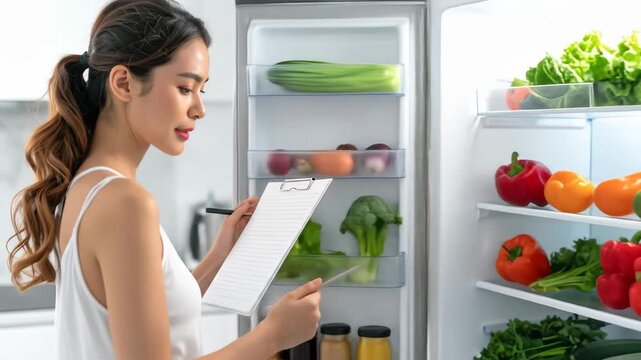 Woman Organizes Fresh Produce in Refrigerator for Healthy Eating.
