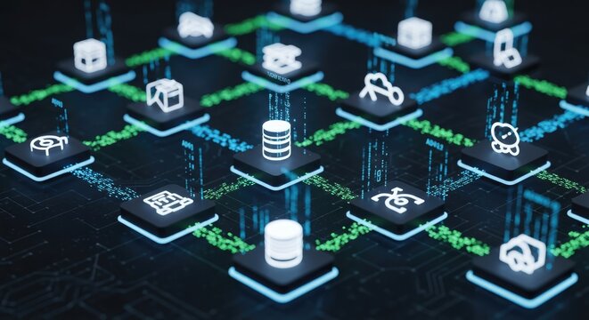 Innovative blockchain network connecting nodes with secure data transfer and vibrant digital technology