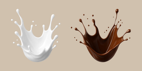 Milk and chocolate splashes. Milkshake and melted choco. Realistic vector illustration