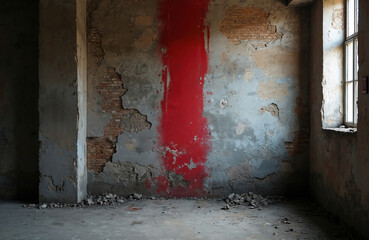 Abandoned interior with rough concrete floor brick wall revealing through plaster. Red paint stripe streaks down wall. Empty room with single window light.