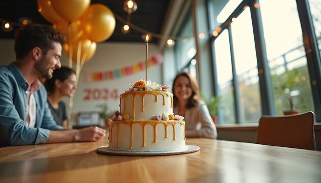 Modern office celebrates work anniversary with cake balloons. Happy colleagues in joyful mood. Employee achievement, recognition, company culture. Corporate celebration shows successful teamwork. - Powered by Adobe