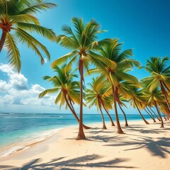 Palm trees sway gently in the tropical breeze, casting long shadows on the golden sand, a quintessential island escape,  breeze,  tropical