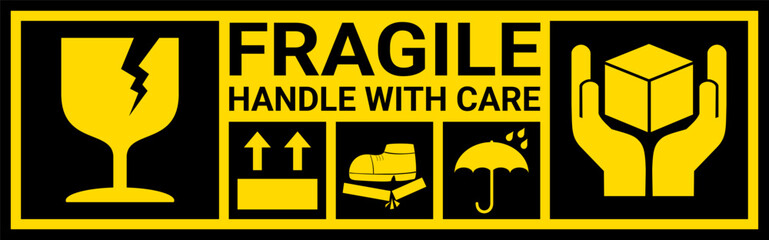 fragile warning set in black and yellow. sticker for packaging. handle with care, keep dry, this side up label. yellow sign label