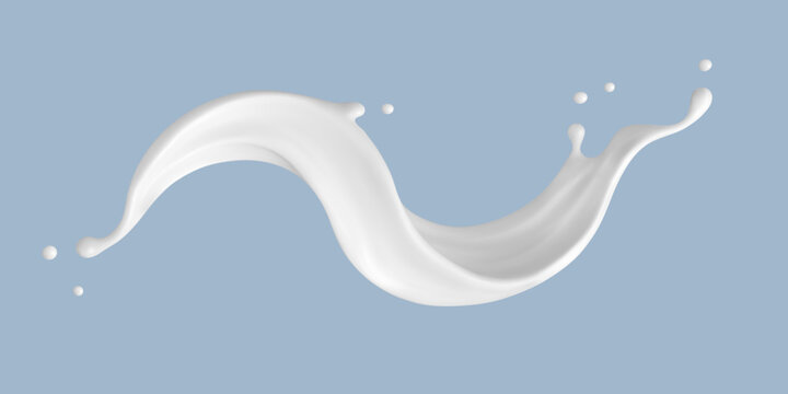 Realistic milk splash wave on blue background. Vector dairy concept