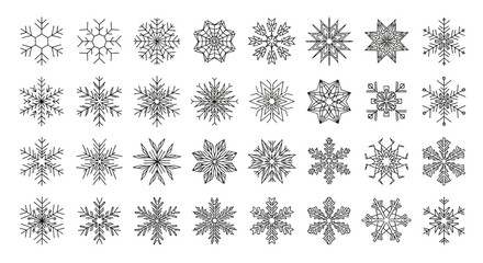 Diverse collection of intricate winter snowflake icons, showcasing a variety of unique geometric designs ideal for festive projects, seasonal decor, and graphic elements