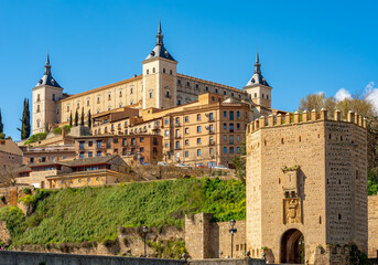 Alcazar of Toledo and Alcantara bridge over Tajo river, Madrid suburbs, Spain © Mistervlad