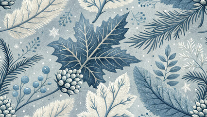 Naturalistic background with fir branches and snowy leaves in a cool color.
